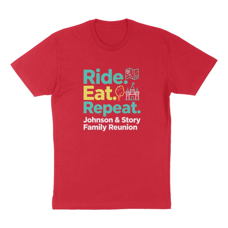 Custom t-shirt: "Ride. Eat. Repeat.", Front print, red shirt