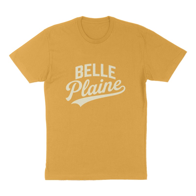 Custom t-shirt: "Belle Plaine", Front print, mustard-yellow shirt