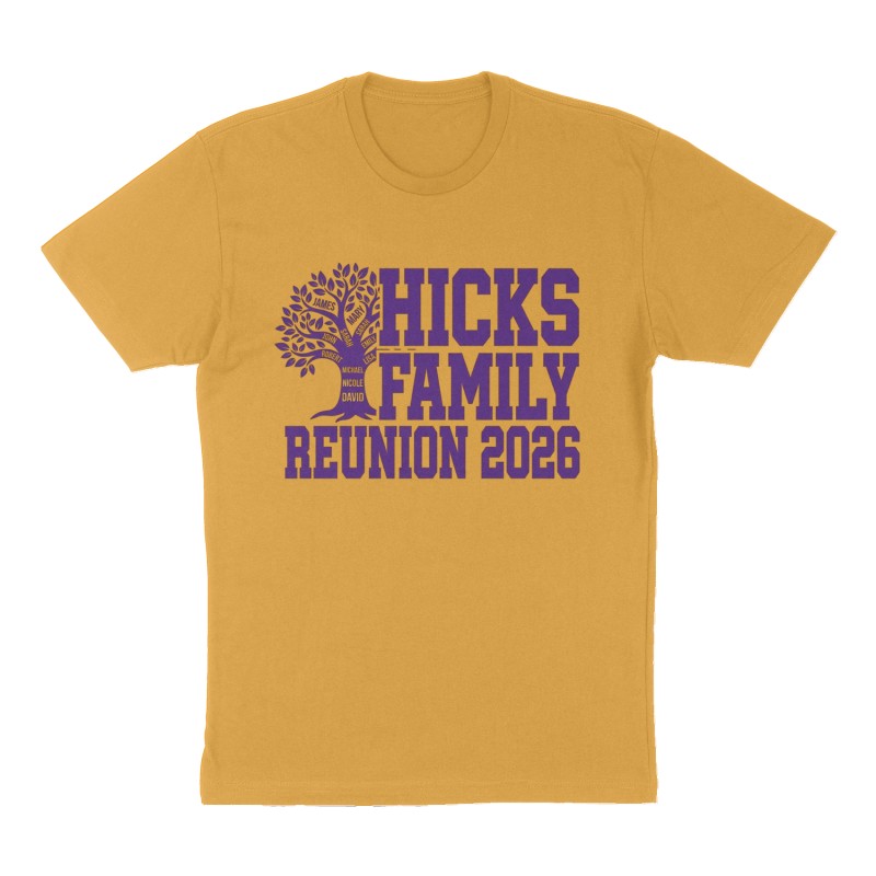 Custom t-shirt: "Hicks Family reunion  2026", Front print, mustard-yellow shirt