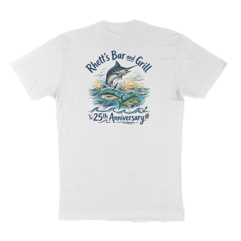 Custom t-shirt: "Rhett’s Bar and Grill", Back print, white shirt