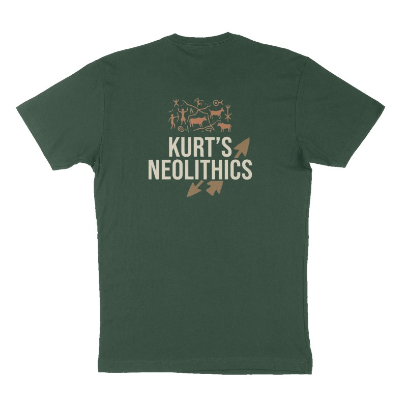 Custom t-shirt: "Kurt’s neolithics", Back print, forest-green shirt