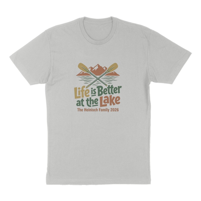 Custom t-shirt: "Life is Better at the Lake", Front print, heather-gray shirt