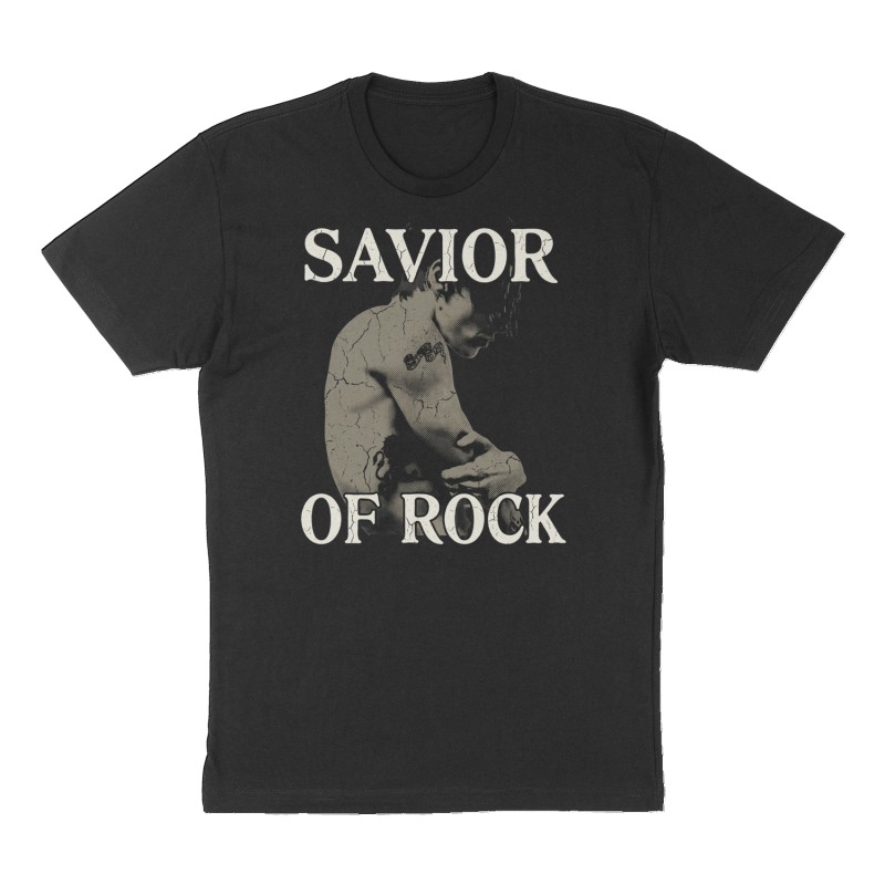 Custom t-shirt: "SAVIOR OF ROCK", Front print, black shirt