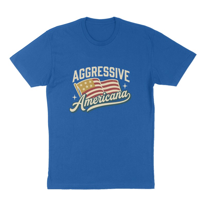 Custom t-shirt: "Aggressive Americana", Front print, royal-blue shirt