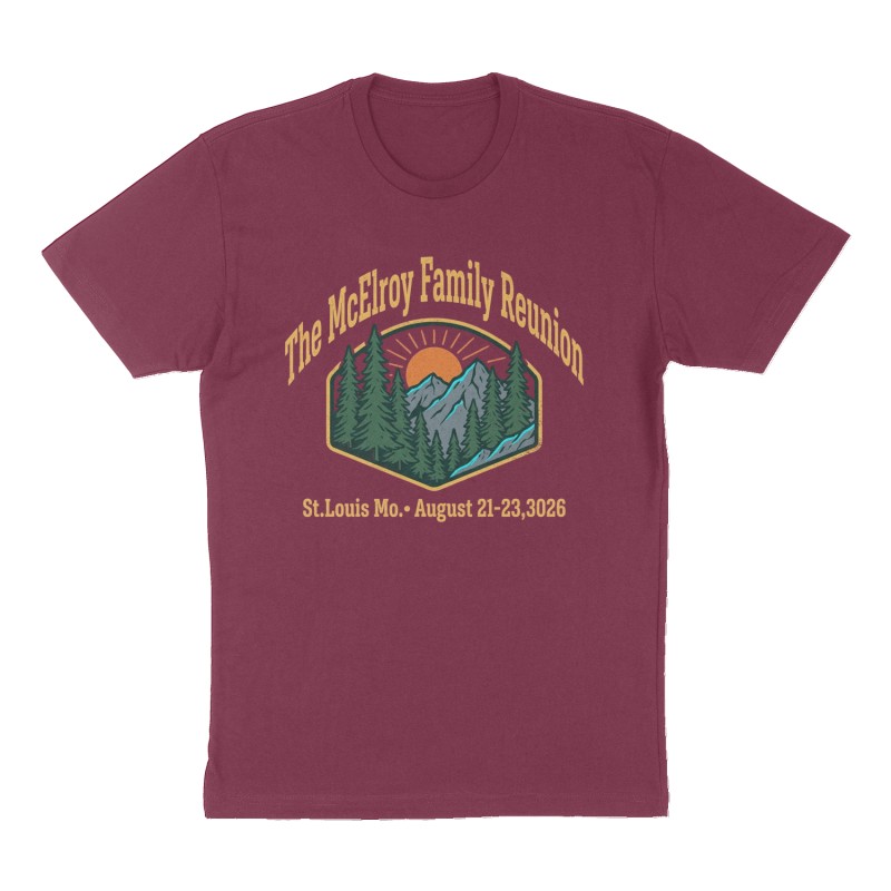 Custom t-shirt: "The McElroy Family Reunion", Front print, maroon shirt