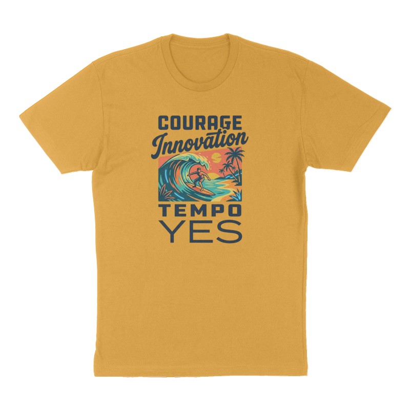Custom t-shirt: "Courage Innovation Tempo Yes", Front print, mustard-yellow shirt