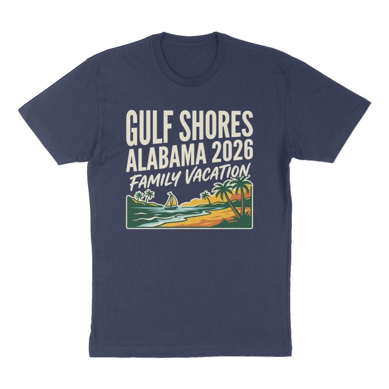 Custom t-shirt: "Gulf Shores Alabama 2026 ", Front print, navy shirt