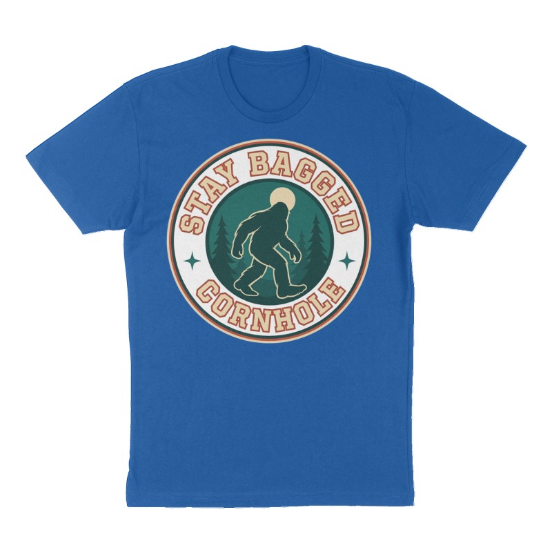 Custom t-shirt: "Stay Bagged Cornhole", Front print, royal-blue shirt