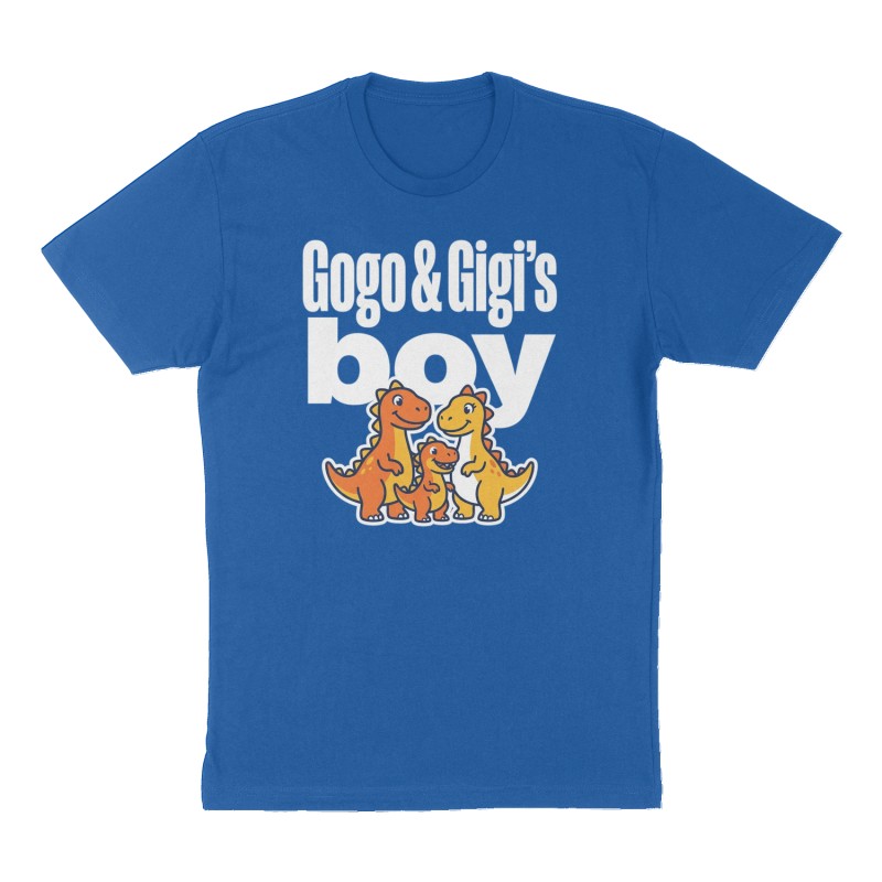 Custom t-shirt: "Gogo & Gigi’s boy", Front print, royal-blue shirt