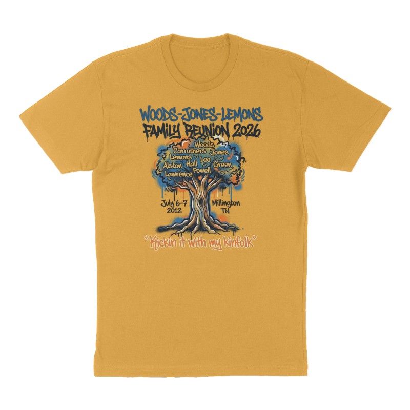 Custom t-shirt: "WOODS-JONES-LEMONS FAMILY REUNION 2026", Front print, mustard-yellow shirt