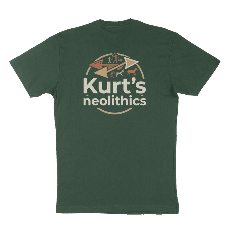 Custom t-shirt: "Kurt’s neolithics", Back print, forest-green shirt