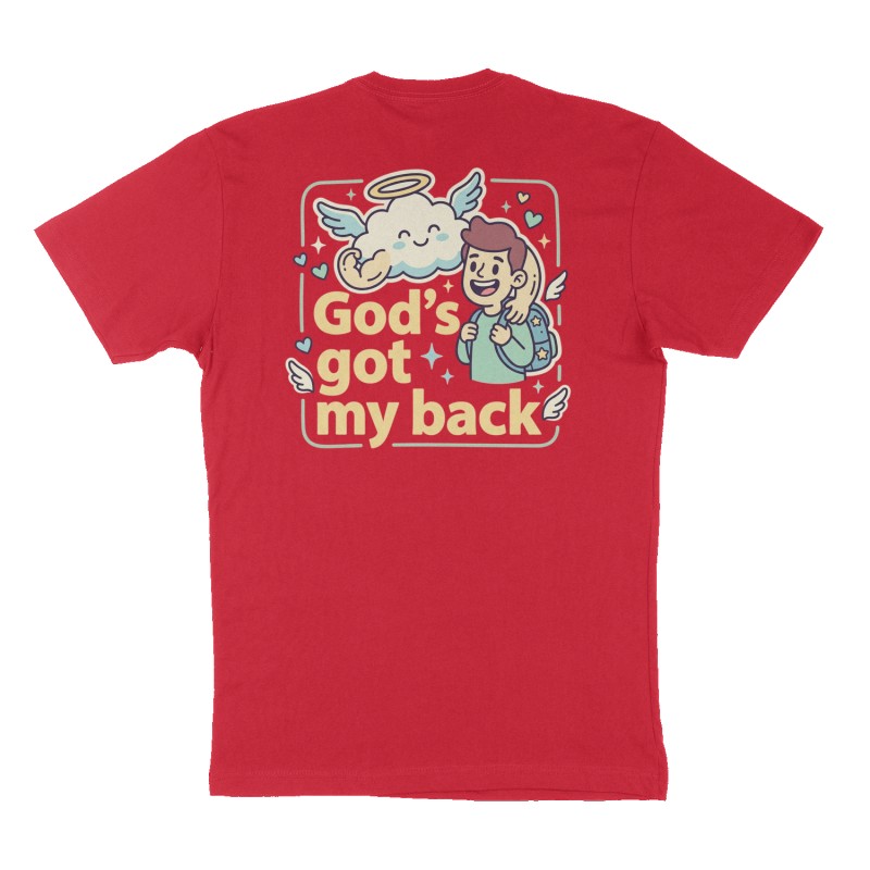 Custom t-shirt: "God’s got my back", Back print, red shirt