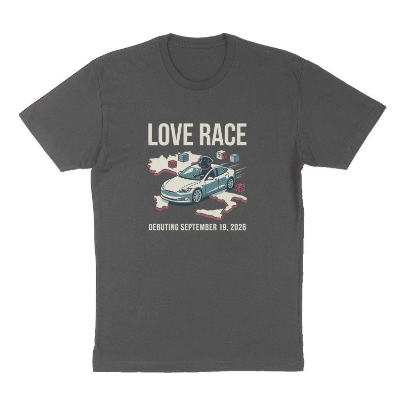 Custom t-shirt: "LOVE RACE ", Front print, charcoal shirt