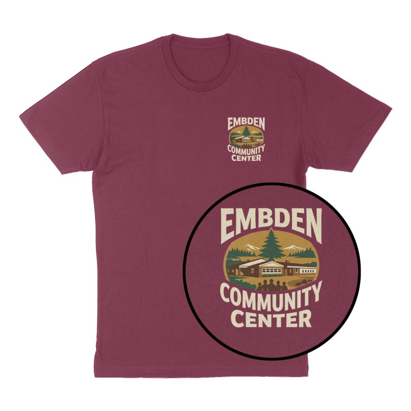 Custom t-shirt: "Embden Community Center ", Left Chest print, maroon shirt