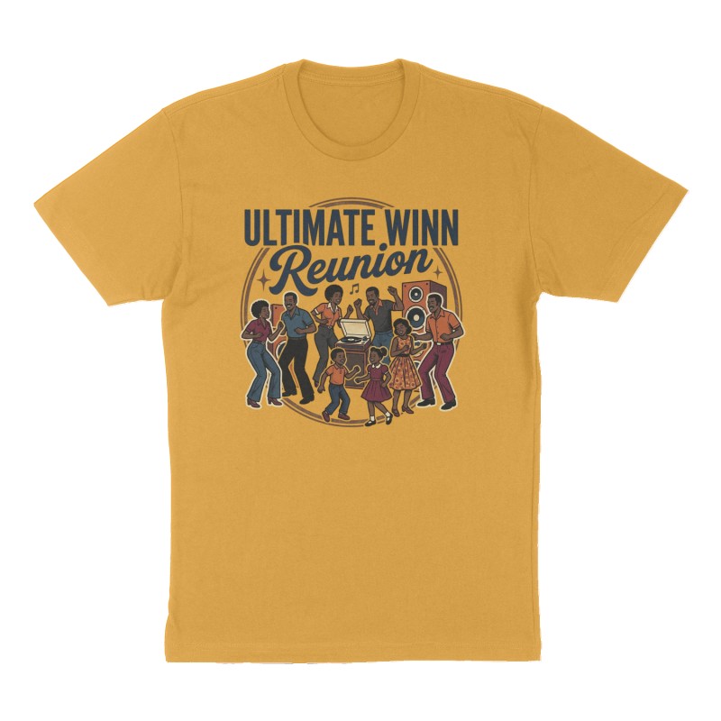 Custom t-shirt: "Ultimate Winn Reunion", Front print, mustard-yellow shirt