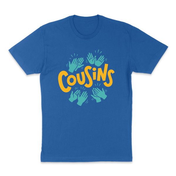 AI t-shirt design for a family reunion or trip that says "COUSINS" (picture idea: Clapping hands)