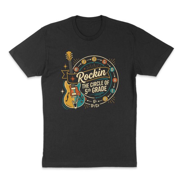 AI t-shirt design for a gift or hobby that says "Rockin the circle of 5th grade" (picture idea: Electric guitar and wheel representing the circle of fifths in music)