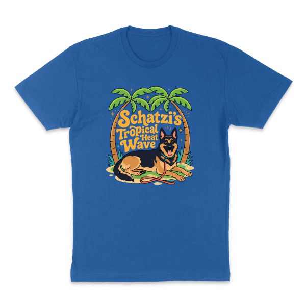 AI t-shirt design that says "Schatzi's Tropical Heat Wave" (picture idea: German shepherd under palm trees)