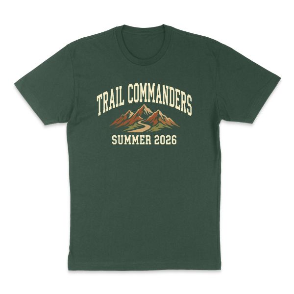AI t-shirt design for a family reunion or trip that says "Trail Commanders" (picture idea: Mountains or hiking trails)