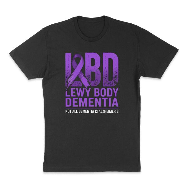 AI t-shirt design for a gift or hobby that says "Lewy Body Dementia" (picture idea: Big bold letters in purple, a purple ribbon mixed in somewhere)