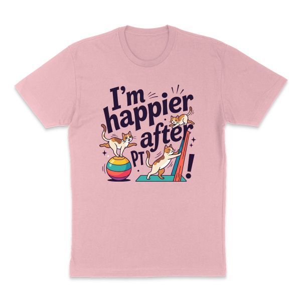 AI t-shirt design for a gift or hobby that says "I’m happier after PT!" (picture idea: Cat doing physical therapy)