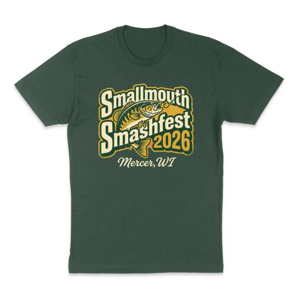 AI t-shirt design for a gift or hobby that says "Smallmouth Smashfest 2026" (picture idea: Smallmouth bass jumping with hook in mouth)