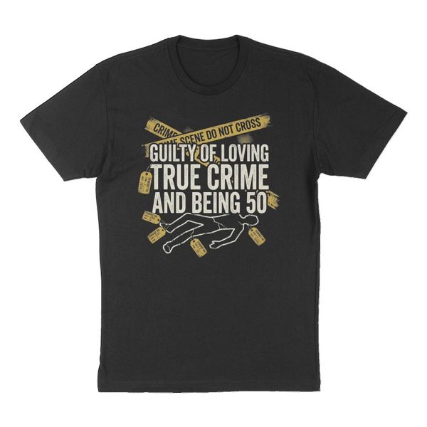 AI t-shirt design for a birthday that says "Guilty of loving true crime and being 50" (picture idea: Evidence tags, chalk outline, crime tape)